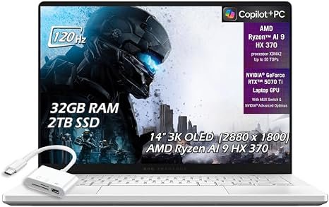ASUS ROG Zephyrus G14 Copilot+ PC Gaming Laptop, 14" OLED 3K 120Hz, AMD Ryzen AI 9 HX 370, NVIDIA GeForce RTX 5070Ti, WiFi7, Win11, Platinum White, (32GB RAM |2TB SSD), w/USB Hub, W/GaLiMu - Image 5