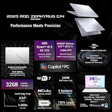 ASUS ROG Zephyrus G14 Copilot+ PC Gaming Laptop, 14" OLED 3K 120Hz, AMD Ryzen AI 9 HX 370, NVIDIA GeForce RTX 5070Ti, WiFi7, Win11, Platinum White, (32GB RAM |2TB SSD), w/USB Hub, W/GaLiMu - Image 2